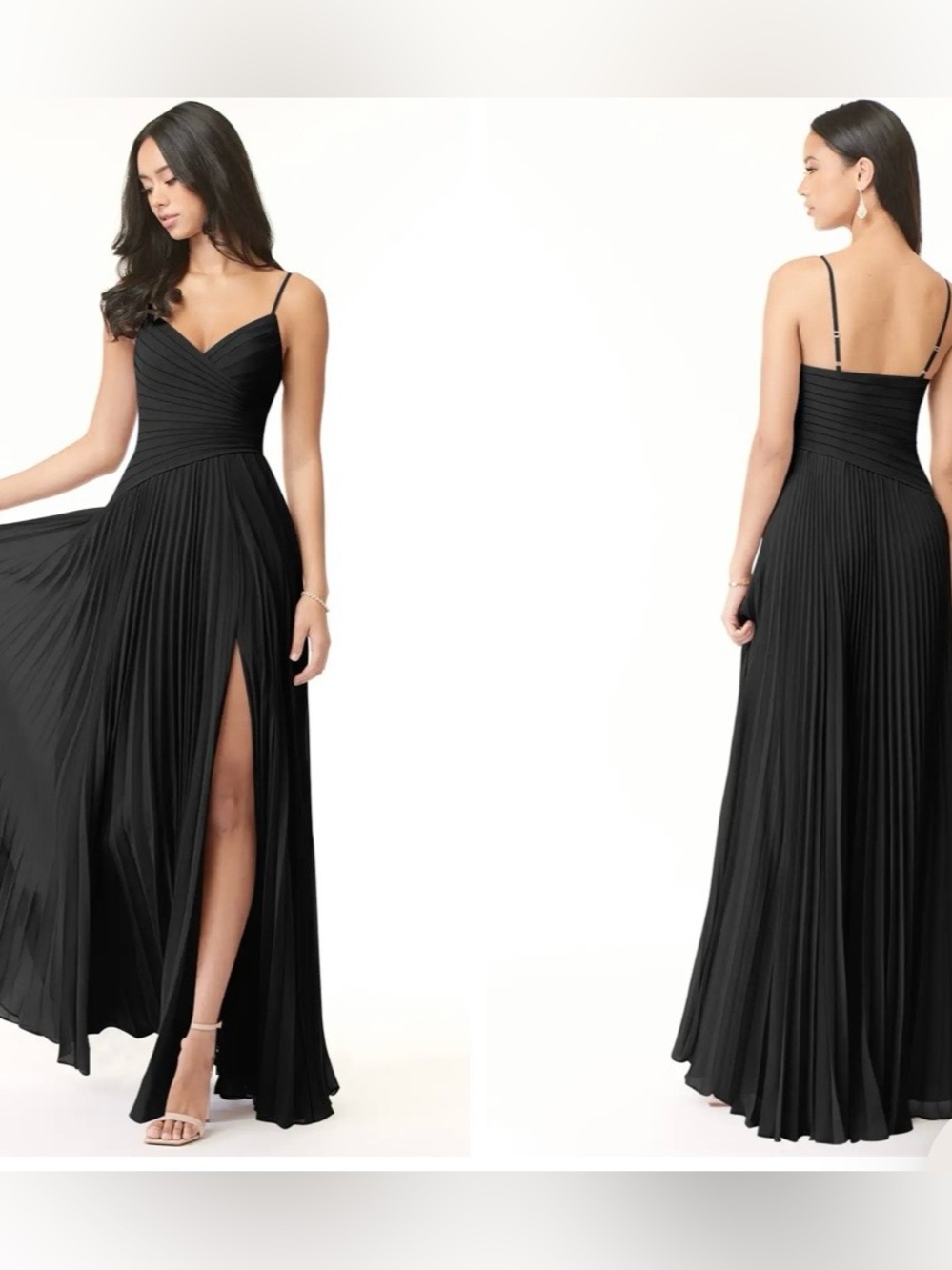 Azazie Black Pleated Spaghetti-Strap Evening Dress
